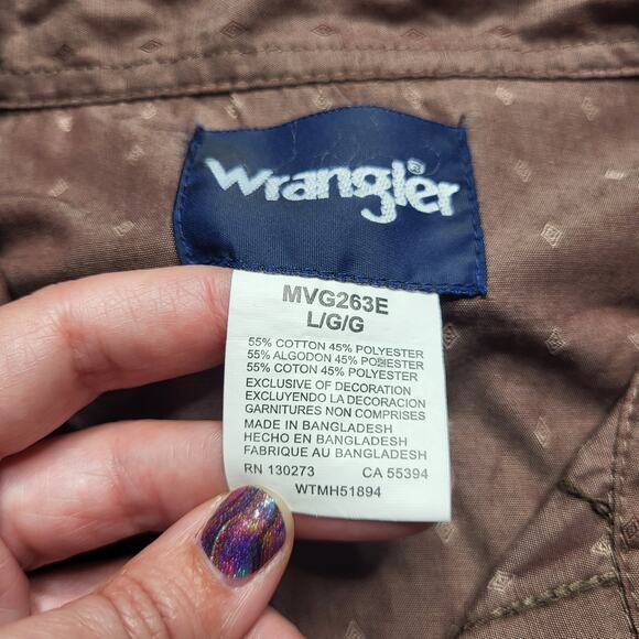 Wrangler Western Pearl Snap Shirt Brown Dotted Micro Dot Long Sleeve Large - Picture 8 of 9